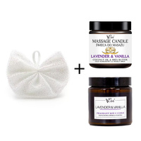 Vonná a masážní svíčka Lavender & Vanilla s peelingovou mycí žínkou VCee