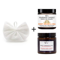 Vonná a masážní svíčka Sweet Orange & Chili s peelingovou mycí žínkou VCee