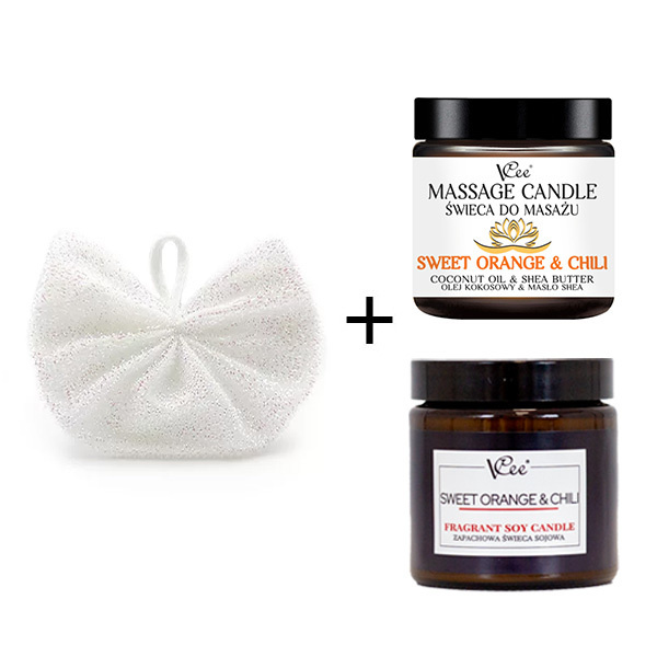 Vonná a masážní svíčka Sweet Orange & Chili s peelingovou mycí žínkou VCee