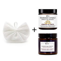 Vonná a masážní svíčka Choco & Coco s peelingovou mycí žínkou VCee