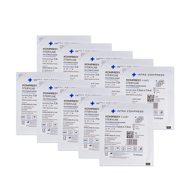 Intra Compress sterilní plynové kompresy 7,5x7,5 cm - sada 10 ks.