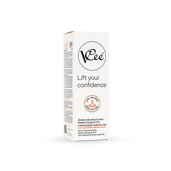 Vonná a masážní svíčka Sweet Orange & Chili s peelingovou mycí žínkou VCee