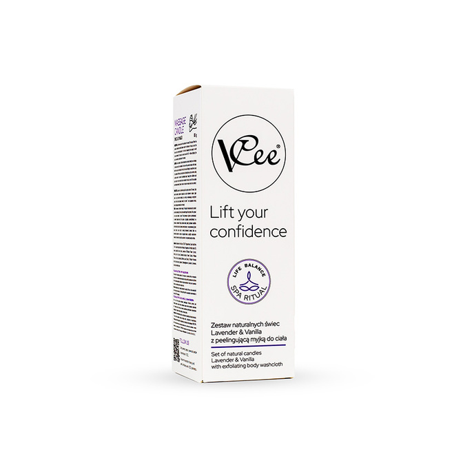 Vonná a masážní svíčka Lavender & Vanilla s peelingovou mycí žínkou VCee